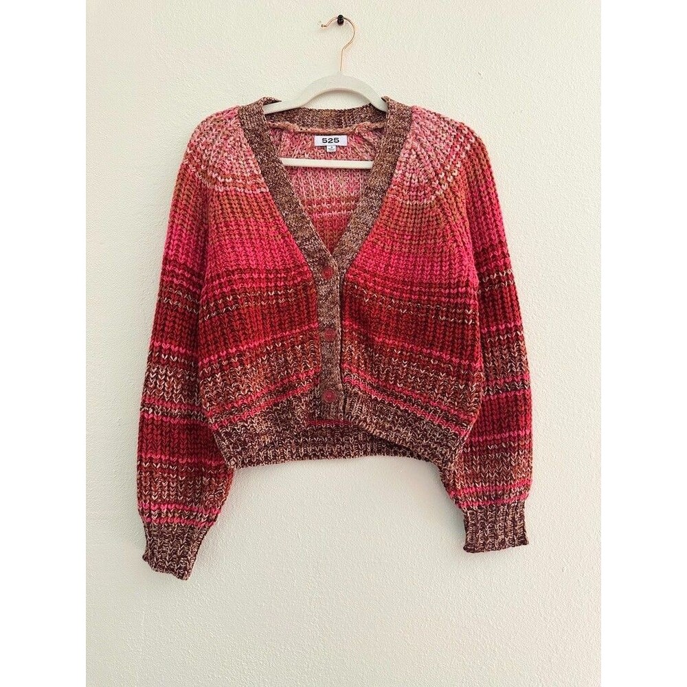 525 Rumi Ombre Chunky Knit Cardigan Red Pink Bohemian Festival Women's Small